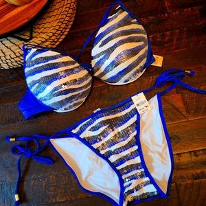 VS PINK Sequin Zebra Black & Blue Pushup Bikini